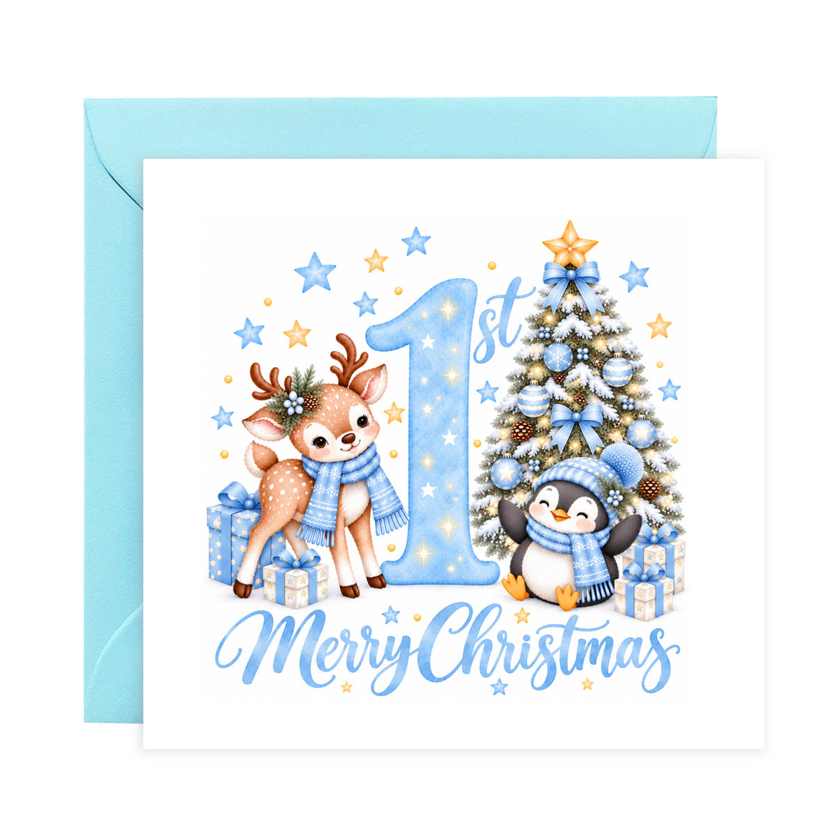 Baby Boy's 1st Christmas Card – Reindeer & Penguin Christmas Card
