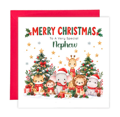 Jungle Animals Christmas Card for Nephew - Cute Safari Animals Design