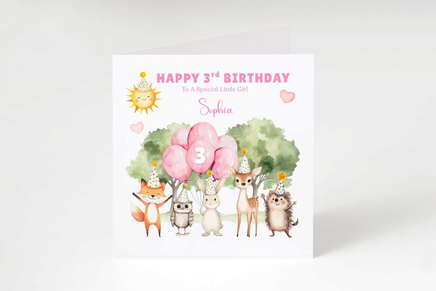 Personalised 3 Years Old 3rd Birthday Card for Toddler Girl – Woodland Animal Design with Custom Name & Message - Age 3 Year Old Birthday Card for Daughter, Granddaughter, Niece with Pink Envelope