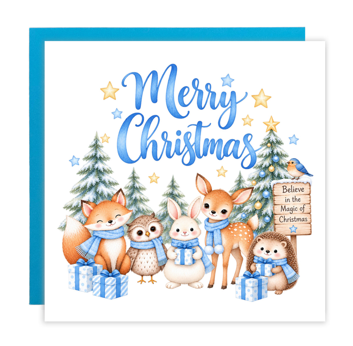 Blue Forest Christmas Card for Boys – Cute Christmas Woodland Animals