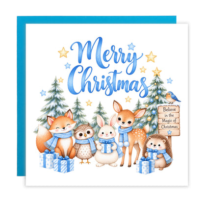 Blue Forest Christmas Card for Boys – Cute Christmas Woodland Animals