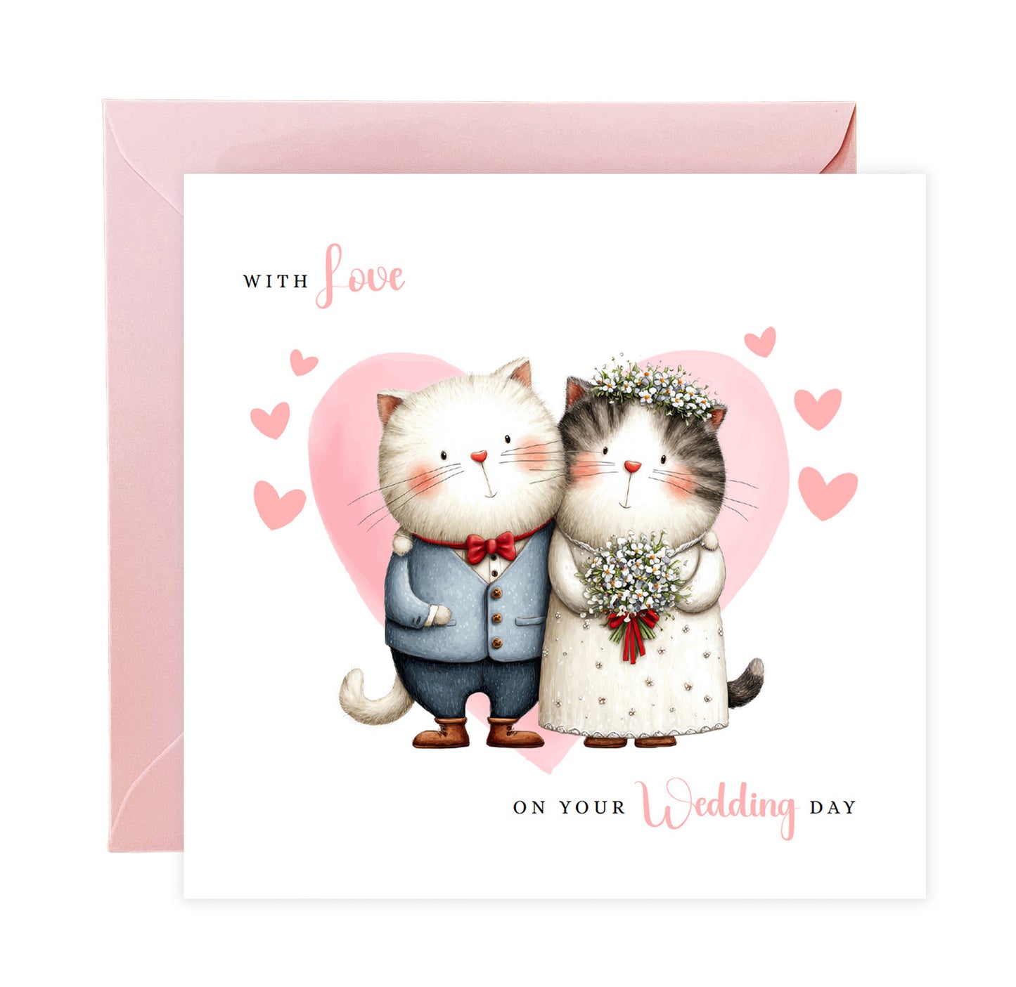 Cute Cat Wedding Card – Wedding Congratulations Card – Adorable Animal Wedding Card – Romantic Wedding Day Card for Newlywed couples, Cat Lovers, Him or Her – Pink Envelope Included