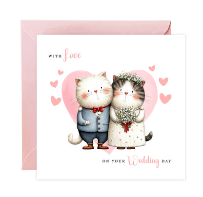 Cute Cat Wedding Card – Wedding Congratulations Card – Adorable Animal Wedding Card – Romantic Wedding Day Card for Newlywed couples, Cat Lovers, Him or Her – Pink Envelope Included