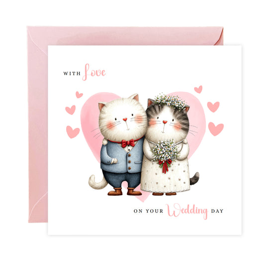 Cute Cat Wedding Card – Wedding Congratulations Card – Adorable Animal Wedding Card – Romantic Wedding Day Card for Newlywed couples, Cat Lovers, Him or Her – Pink Envelope Included