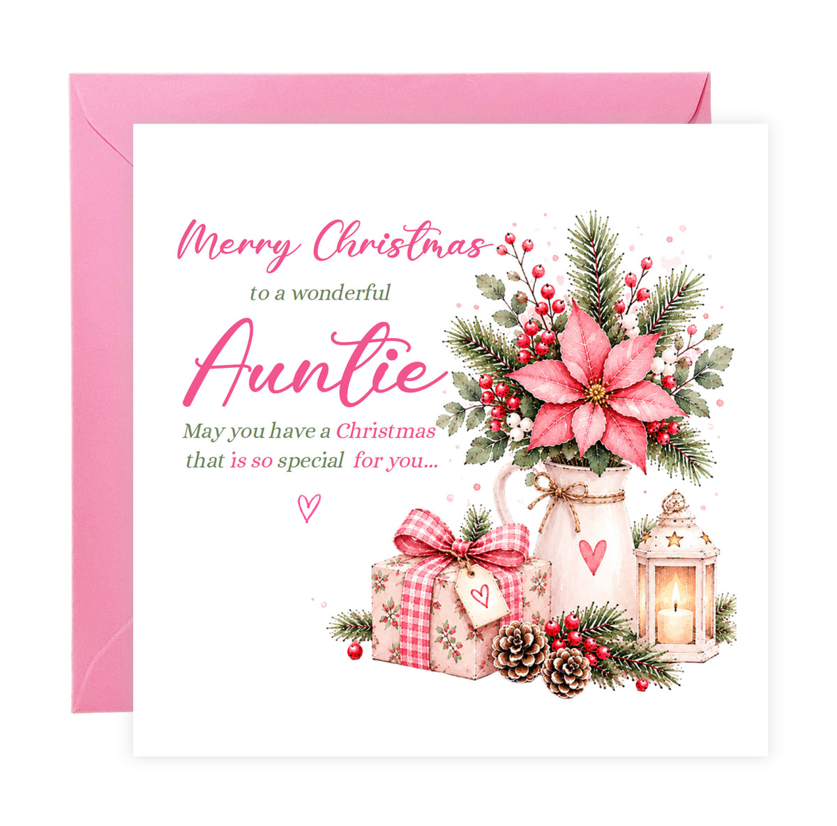 Christmas Card for Auntie – Pink Poinsettia & Festive Floral Design