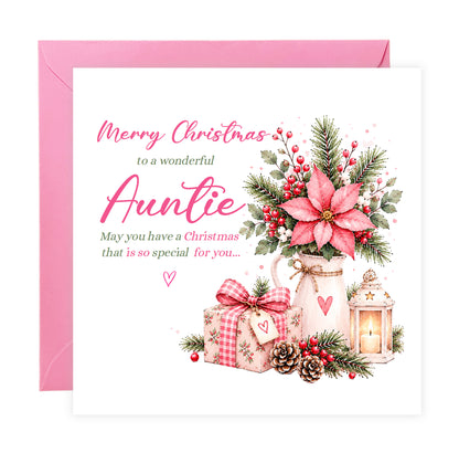 Christmas Card for Auntie – Pink Poinsettia & Festive Floral Design