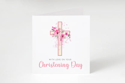 Floral Cross Christening Card for Girl – With Love On Your Christening Day – Religious Baptism Card for Girls, Daughter, Granddaughter, Niece - Pink Envelope Included
