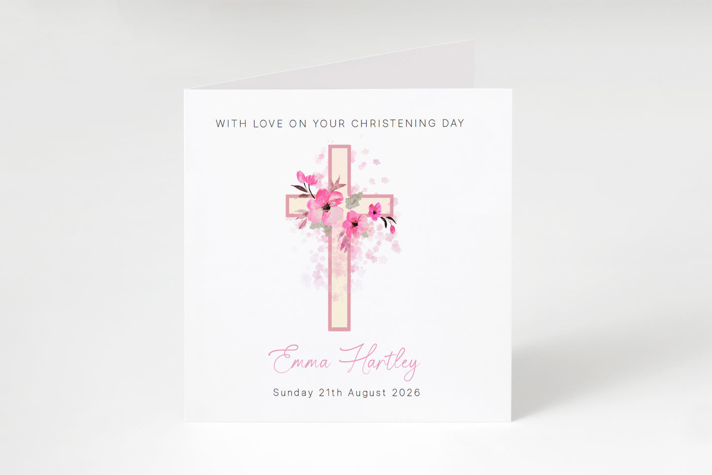 Personalised Christening Card for Girl – Custom Baptism Card with Name & Date - Floral Cross Design – Religious Baptism Card for Girls, Daughter, Granddaughter, Niece - Pink Envelope Included