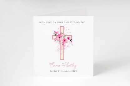 Personalised Christening Card for Girl – Custom Baptism Card with Name & Date - Floral Cross Design – Religious Baptism Card for Girls, Daughter, Granddaughter, Niece - Pink Envelope Included