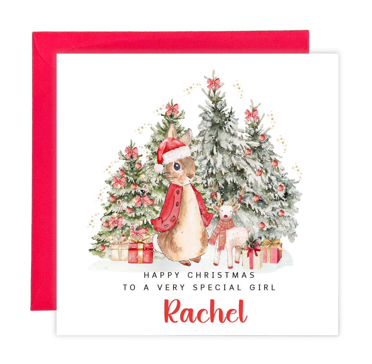 Personalised Christmas Card for Girls – Red Rabbit and Christmas Trees
