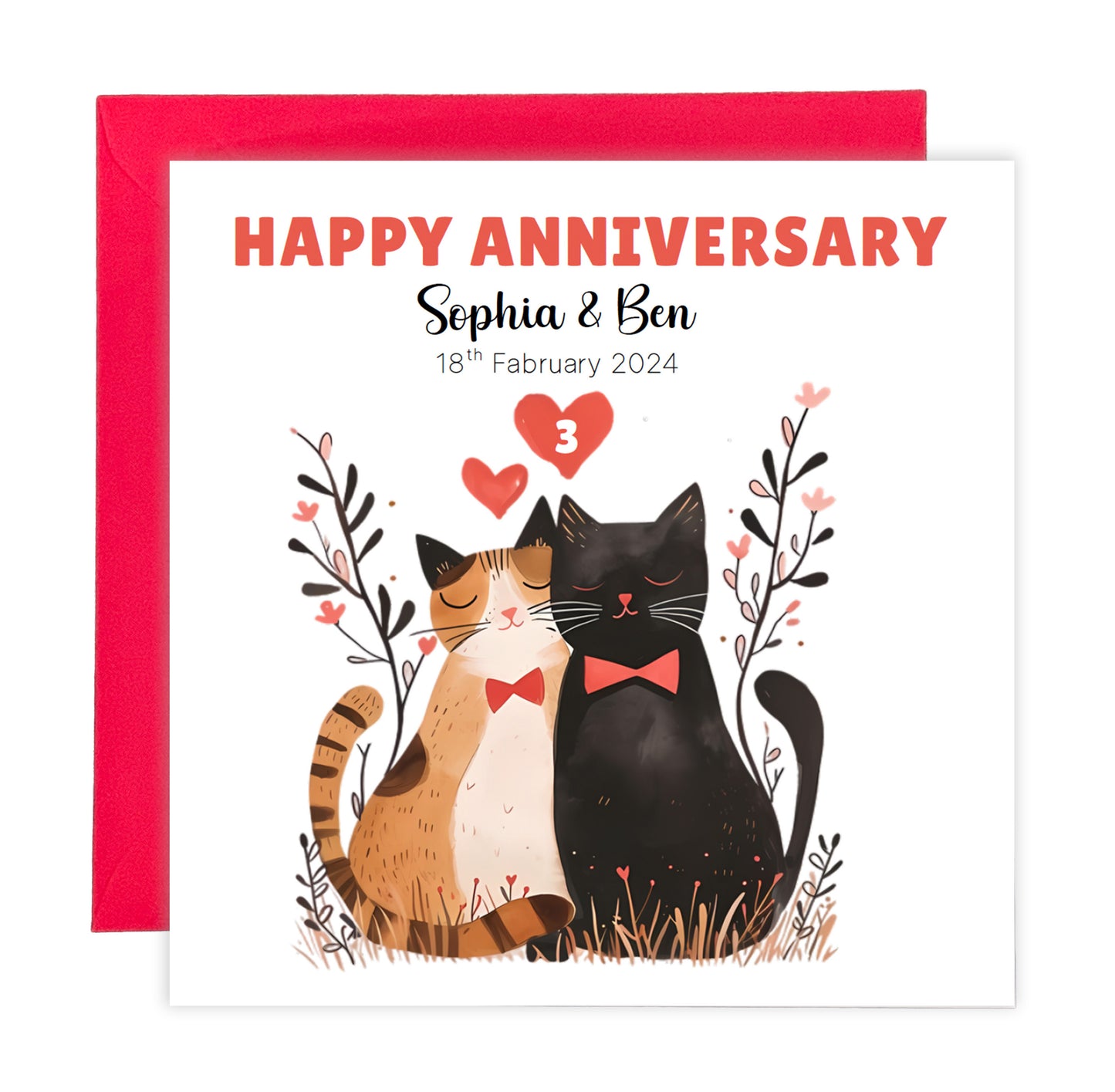Personalised Cute Cats Anniversary Card - Custom Couple Names, Date and Years of Anniversary for Wedding, Dating, Relationship Milestones –1st, 2nd,10th, 20th - For Cat Lovers, Him, Her, Wife, Husband