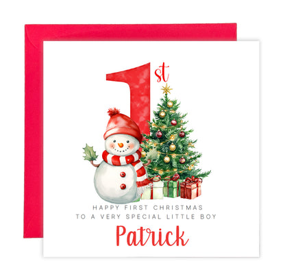 Personalised Baby Boy or Baby Girl's First Christmas Card – Snowman and Xmas Tree
