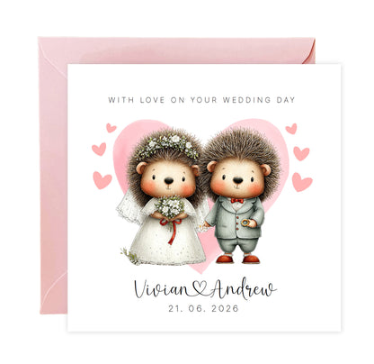 Personalised Wedding Card with Custom Couple's Names & Wedding Date – Cute Hedgehog Design - Wedding Congratulations Card for Newlywed couples, Animal Lovers, Him or Her - Pink Envelope Included