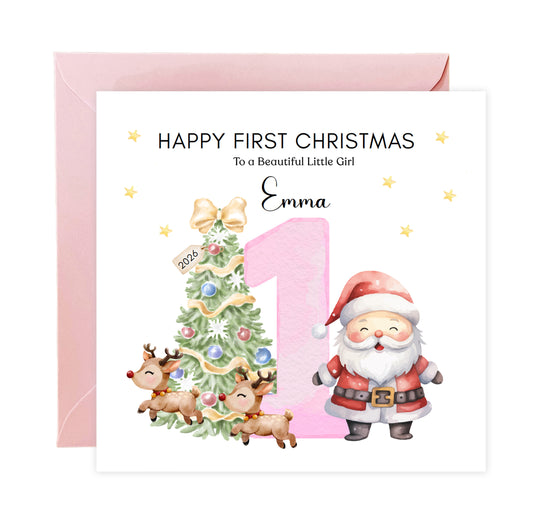 Personalised 1st Christmas Card for Baby Girl– Cute Santa and Xmas Tree Design with Customised Name and Message - First Xmas Card for Daughter, GrandDaughter, Niece - Pink Envelope Included