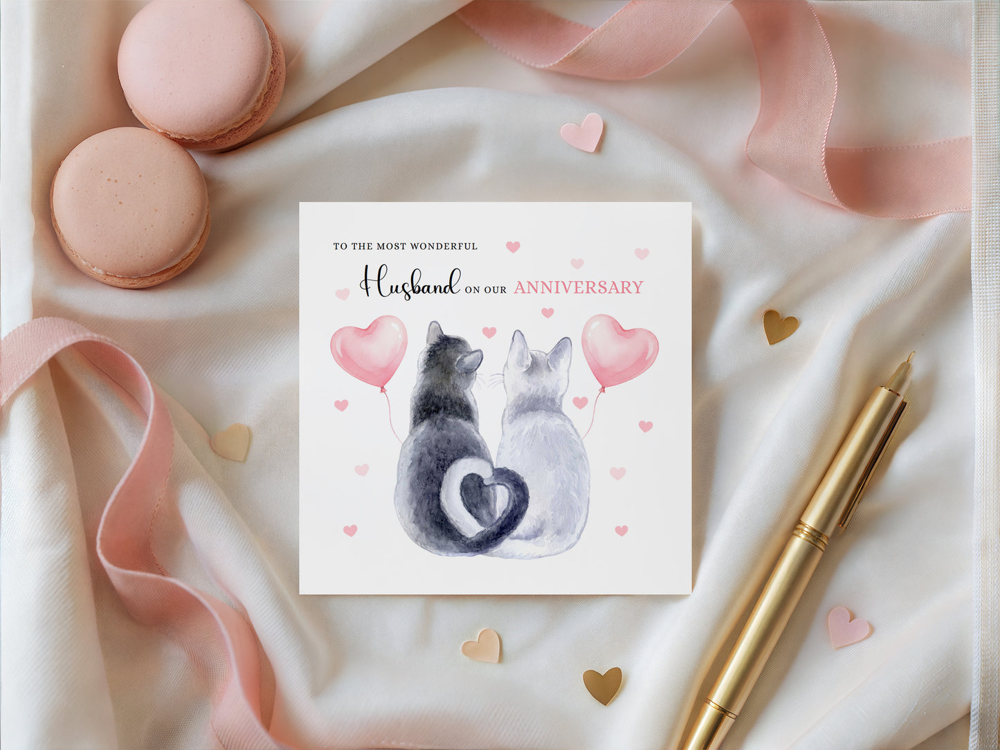 Cute Cat Anniversary Card for Husband or for Wife - Romantic Anniversary Card for Him, Her, Wedding, Dating, Relationship Milestones 1st, 2nd, 3rd, 5th, 10th, 20th 30th - Pink Envelope Included