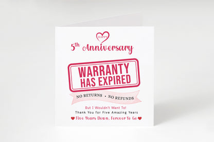 Funny 5th Anniversary Card- Warranty Has Expired - 5 Year Wedding Anniversary Card – No Returns No Refunds Joke Card for Wife, Husband, Her, Him, Relationship Milestones - Red Envelope Included