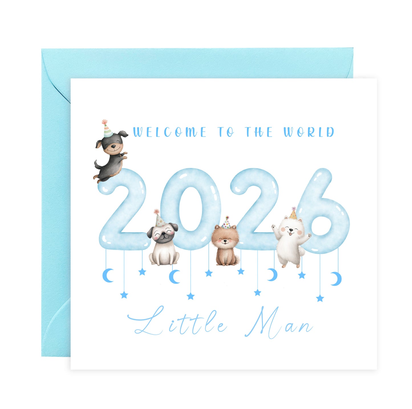 New Baby Boy Card Congratulations for Newborn Boy, Welcome To The World Card, Baby Shower Card for Son, Grandson, Nephew, Baby Boy, Little One - Cute Puppy Dogs Design - Blue Envelope Included
