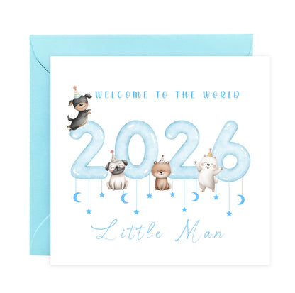 New Baby Boy Card Congratulations for Newborn Boy, Welcome To The World Card, Baby Shower Card for Son, Grandson, Nephew, Baby Boy, Little One - Cute Puppy Dogs Design - Blue Envelope Included