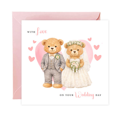 Wedding Card for Bride & Groom with Cute Teddy Bear Design - Wedding Day Congratulations Greeting Keepsake Love Card for Him or Her - Pink Envelope Included