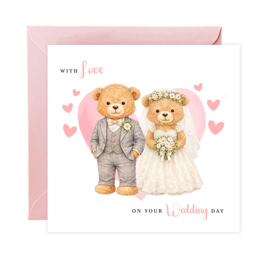 Wedding Card for Bride & Groom with Cute Teddy Bear Design - Wedding Day Congratulations Greeting Keepsake Love Card for Him or Her - Pink Envelope Included