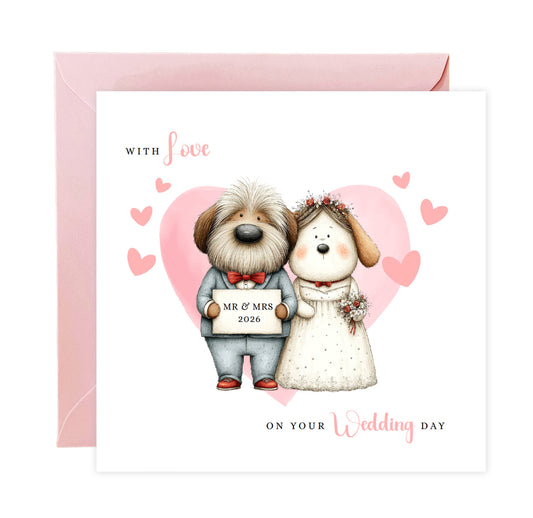 Cute Dog Wedding Card – Wedding Congratulations Card – Adorable Animal Wedding Card – Romantic Wedding Day Card for Newlywed couples, Dog Lovers, Him or Her – Pink Envelope Included