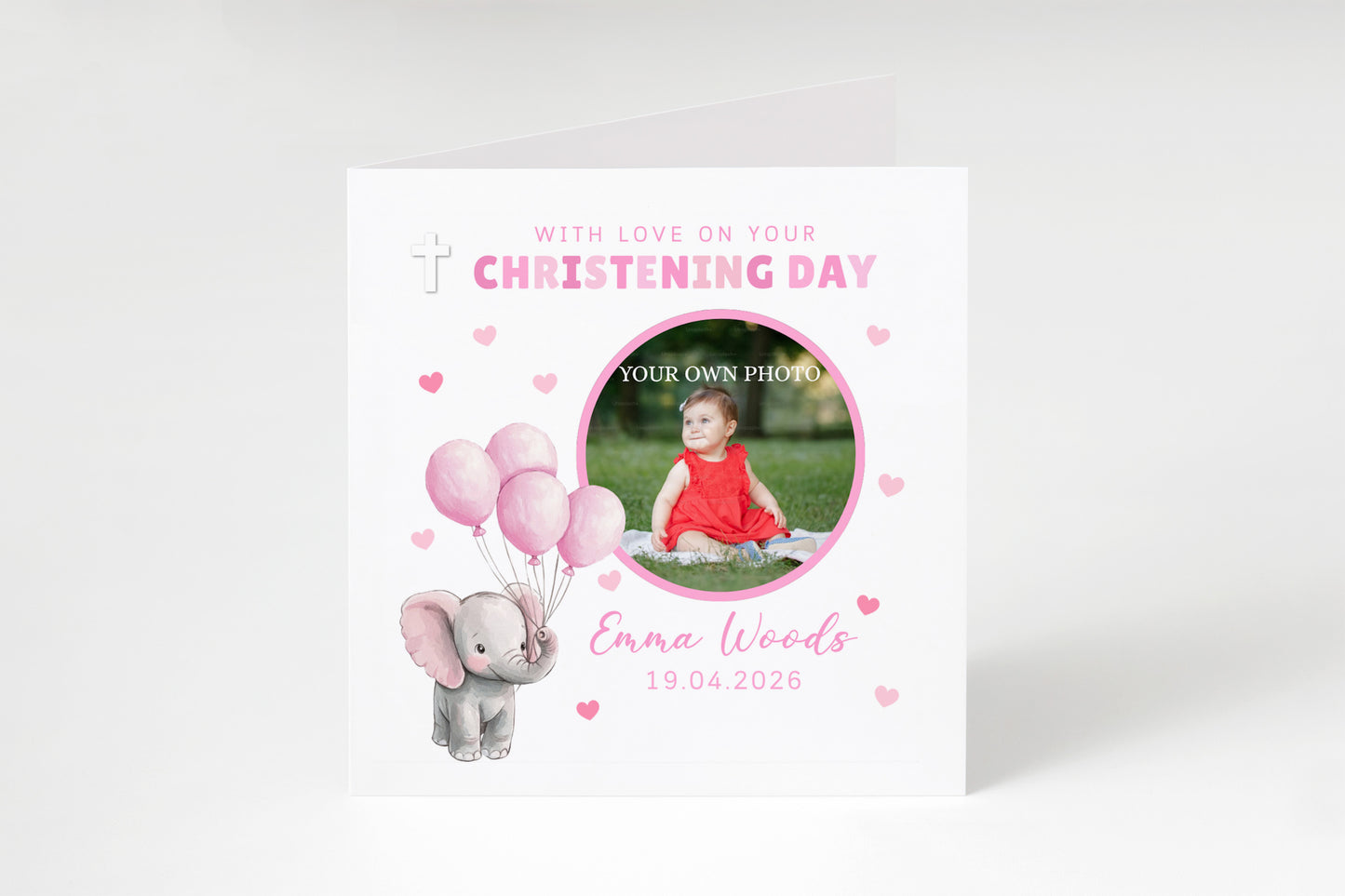Personalised Photo Christening Card for Girl – Custom Baptism Card with Image, Name & Date - Pink Elepahnt Design – Religious Baptism Card for Girls, Daughter, Granddaughter, Niece with Pink Envelope