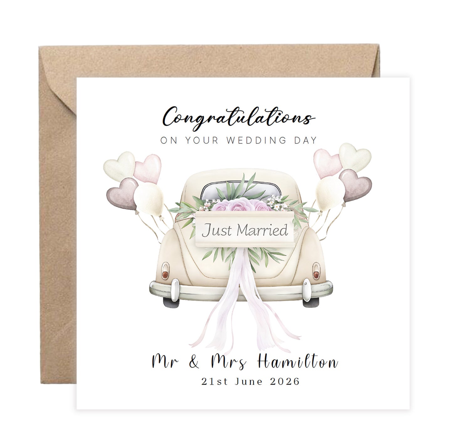 Personalised Wedding Card – Custom Couple's Names or  New Mr & Mrs Surname & Wedding Date – Elegant Wedding Car Design - Wedding Congratulations Card for Newlywed couples - Kraft Envelope Included