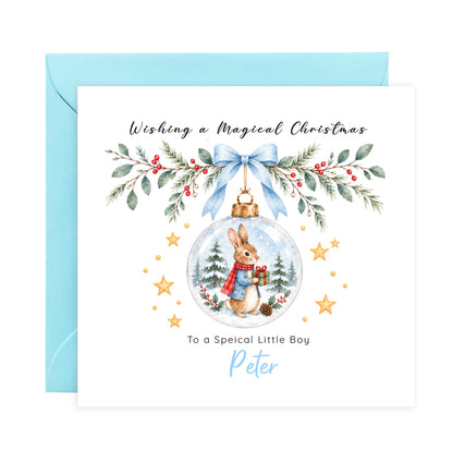 Personalised Christmas Card for Boys – Bunny in a Christmas Bauble