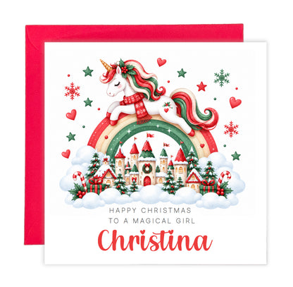 Personalised Christmas Card for Girls – Beautiful Magical Unicorn and Xmas Castle