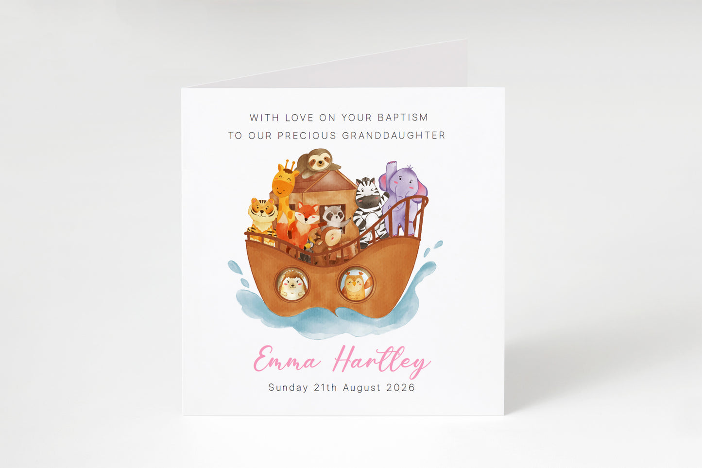 Personalised Christening Card for Girl – Custom Baptism Card with Message, Name & Date - Noah’s Ark Design – Religious Baptism Card for Girls, Daughter, Granddaughter, Niece with Pink Envelope