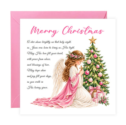 Angel & Christmas Tree Christian Christmas Card – Pink Watercolour Design
