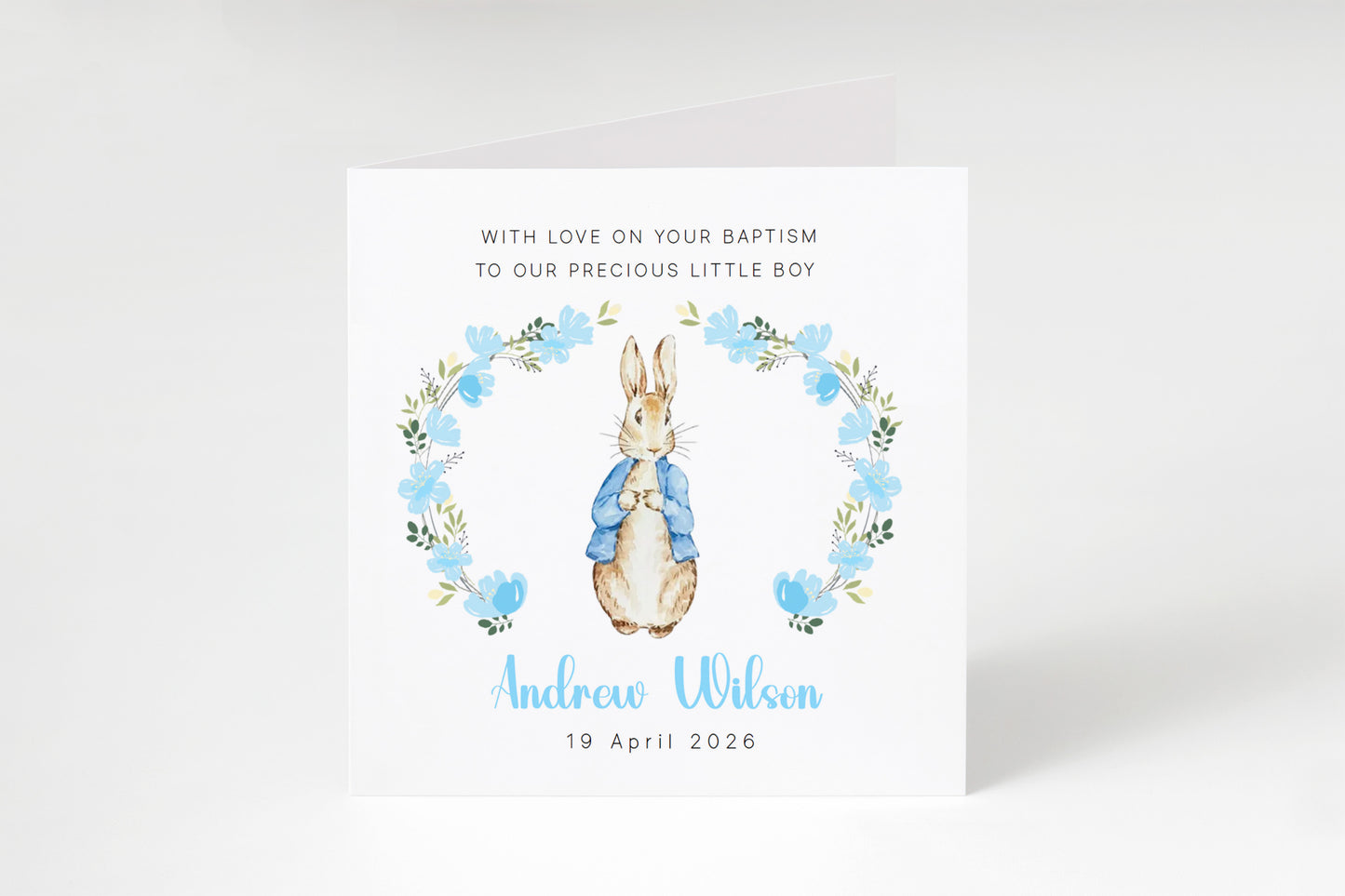 Personalised Christening Card for Boy – Custom Baptism Card with Message, Name & Date -  Blue Bunny Floral Wreath Design – Baptism Card for Boys, Son, Grandson, Nephew with Blue Envelope