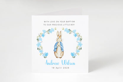 Personalised Christening Card for Boy – Custom Baptism Card with Message, Name & Date -  Blue Bunny Floral Wreath Design – Baptism Card for Boys, Son, Grandson, Nephew with Blue Envelope
