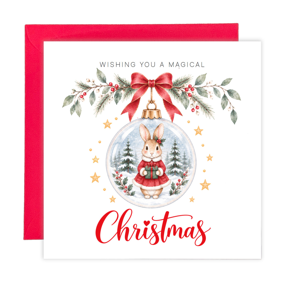 Festive Christmas card for Girls – Red Bunny in a Christmas Bauble