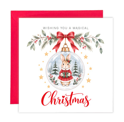 Festive Christmas card for Girls – Red Bunny in a Christmas Bauble