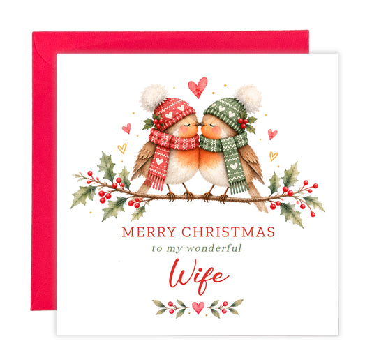 Cute Robin Couple Christmas Card for Wife – Merry Christmas to My Wonderful Wife