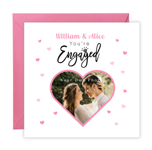 Personalised Photo Engagement Card – Custom Photo & Couple's Names - Heart Photo Frame Design - Congratulations Engagement Card for Newly Engaged Couples - Pink Envelope Included
