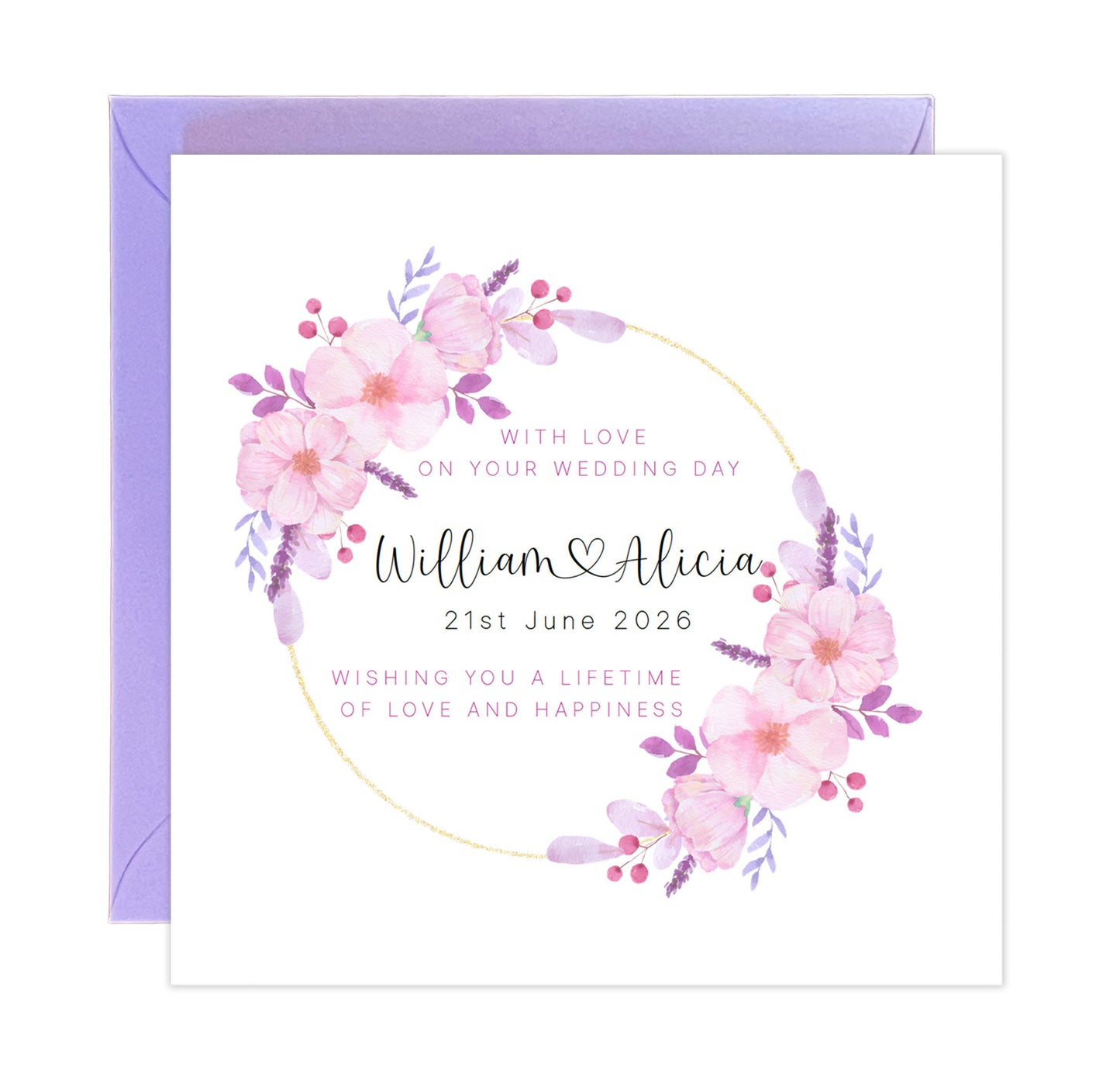 Personalised Floral Wedding Card with Custom Couple's Names & Wedding Date –  Romantic Flower Wreath Design - Wedding Congratulations Card for Newlywed couple, Him or Her - Purple Envelope Included