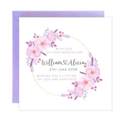Personalised Floral Wedding Card with Custom Couple's Names & Wedding Date –  Romantic Flower Wreath Design - Wedding Congratulations Card for Newlywed couple, Him or Her - Purple Envelope Included