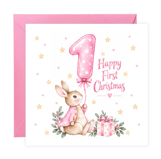 Happy Baby Girl's First Christmas Card – Pink Cute Bunny Design
