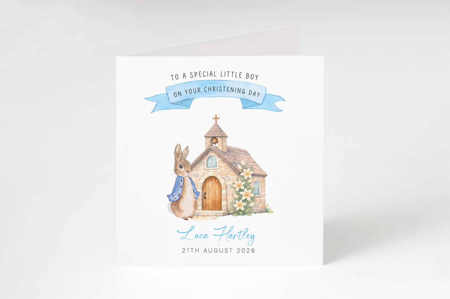 Personalised Christening Card for Boy – Custom Baptism Card with Message, Name & Date - Cute Bunny & Church Design – Baptism Card for Boys, Son, Grandson, Nephew with Blue Envelope