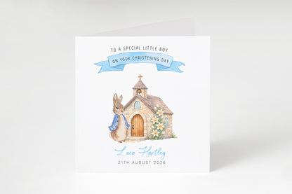 Personalised Christening Card for Boy – Custom Baptism Card with Message, Name & Date - Cute Bunny & Church Design – Baptism Card for Boys, Son, Grandson, Nephew with Blue Envelope