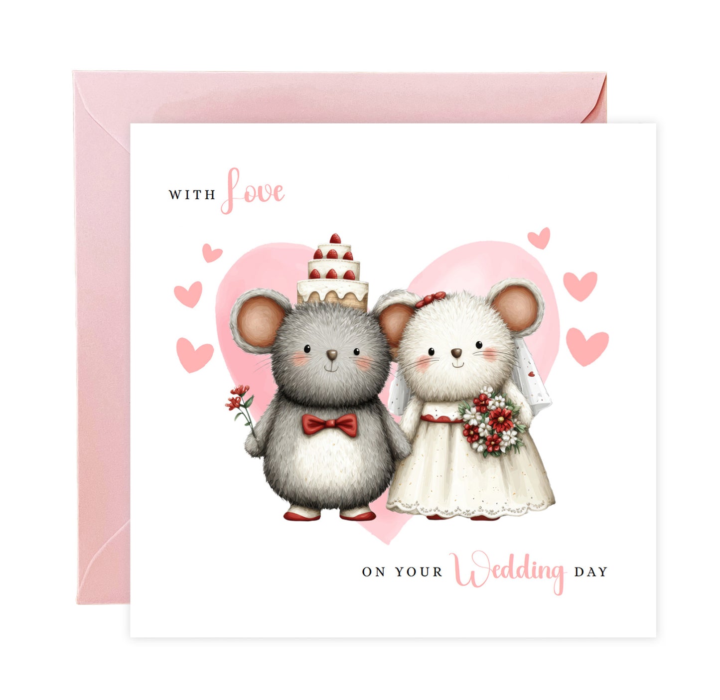 Cute Mouse Wedding Card – Wedding Congratulations Card – Adorable Animal Wedding Card – Romantic Wedding Day Card for Newlywed couples, Animal Lovers, Him or Her – Pink Envelope Included