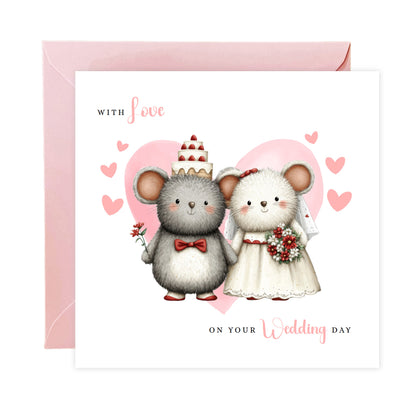 Cute Mouse Wedding Card – Wedding Congratulations Card – Adorable Animal Wedding Card – Romantic Wedding Day Card for Newlywed couples, Animal Lovers, Him or Her – Pink Envelope Included