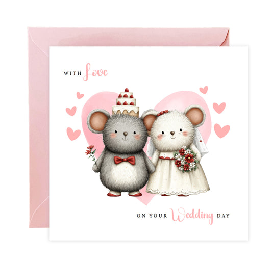 Cute Mouse Wedding Card – Wedding Congratulations Card – Adorable Animal Wedding Card – Romantic Wedding Day Card for Newlywed couples, Animal Lovers, Him or Her – Pink Envelope Included