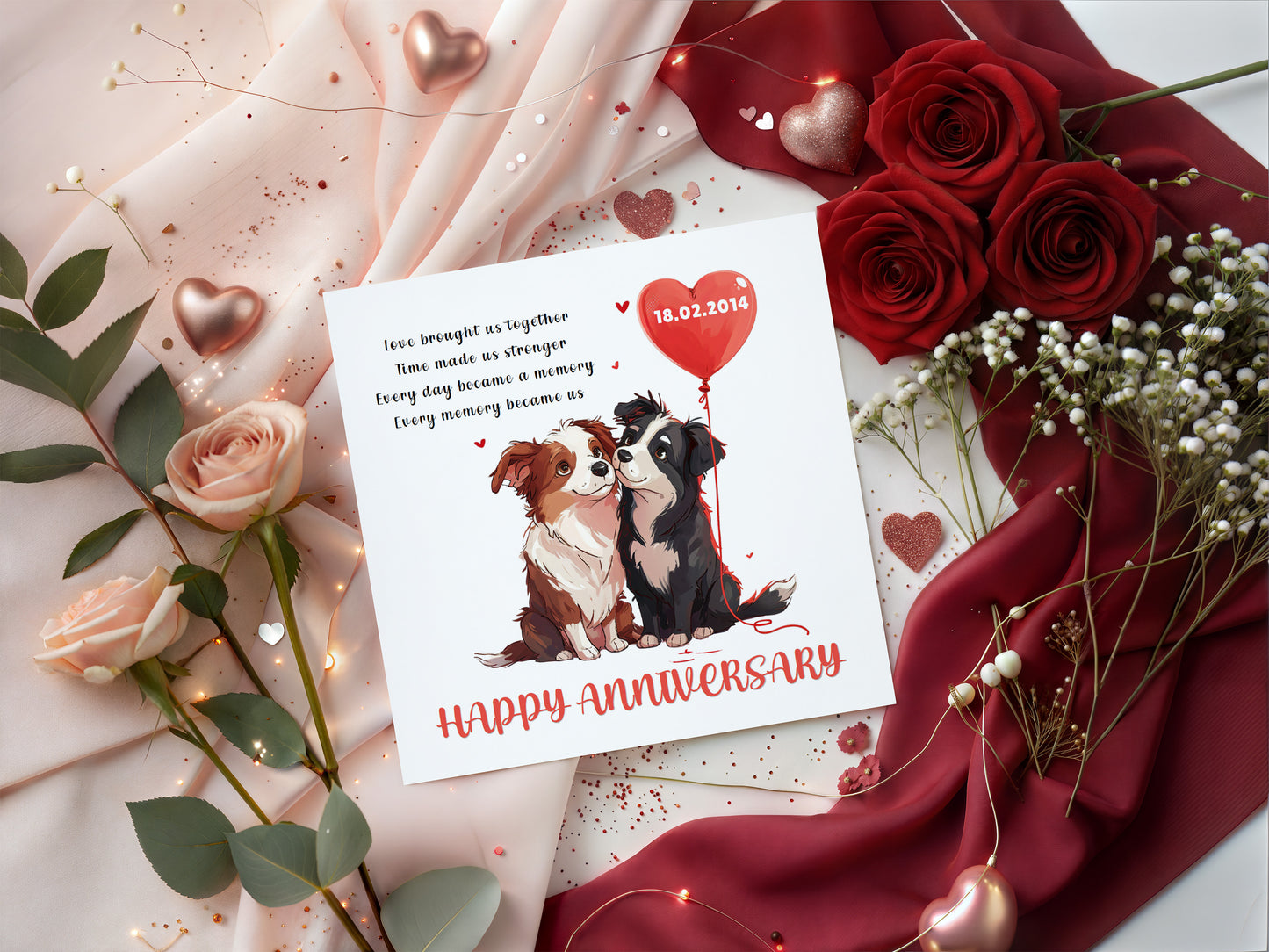 Personalised Cute Dogs Anniversary Card - Custom Date Anniversary Card for Wedding, Relationship Milestones 1st, 2nd,10th - For Dog Lover, Him, Her, Wife, Husband, Couples - Red Envelope Included