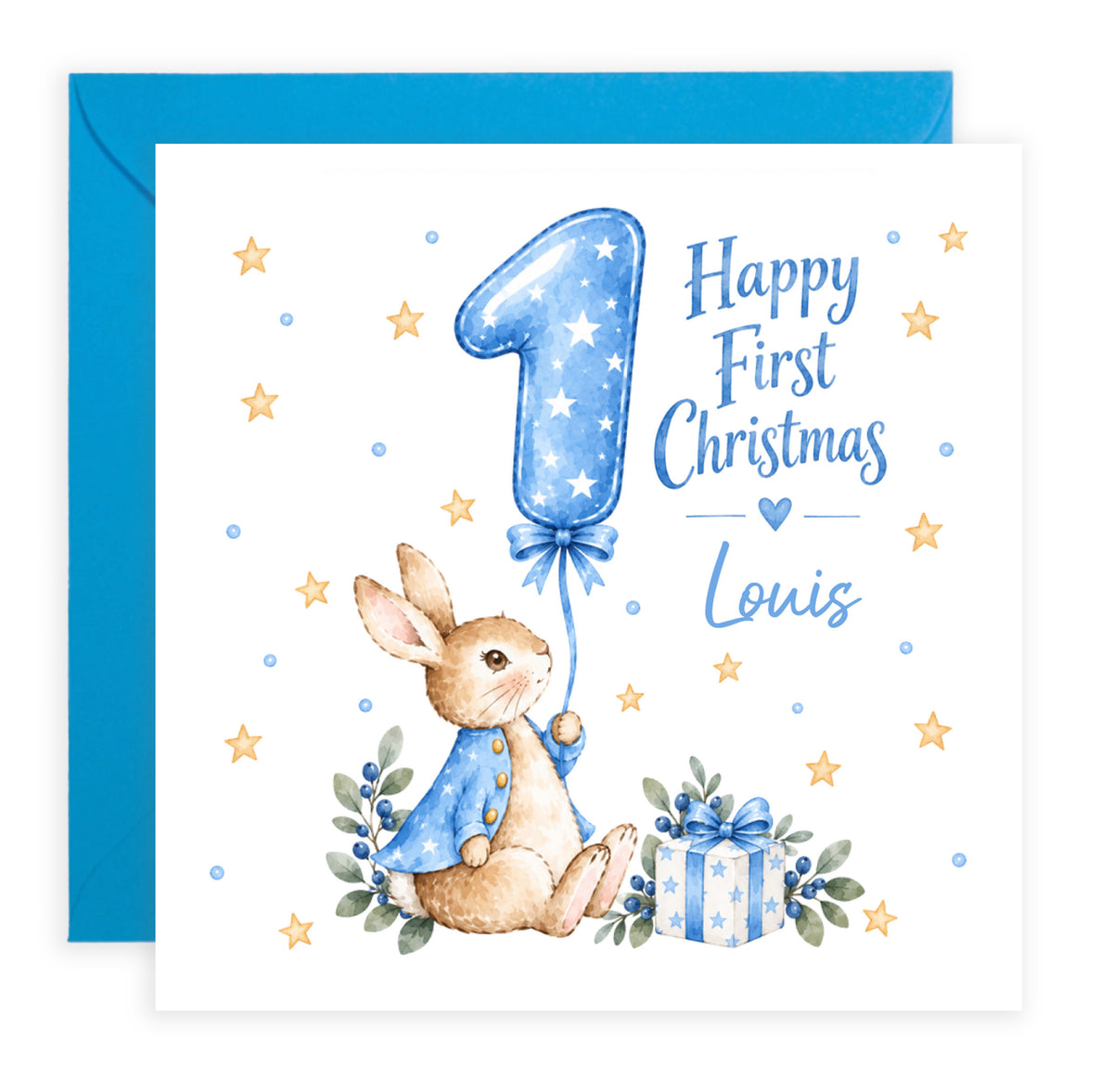 Personalised Baby Boy’s First Christmas Card – Blue Cute Bunny Design