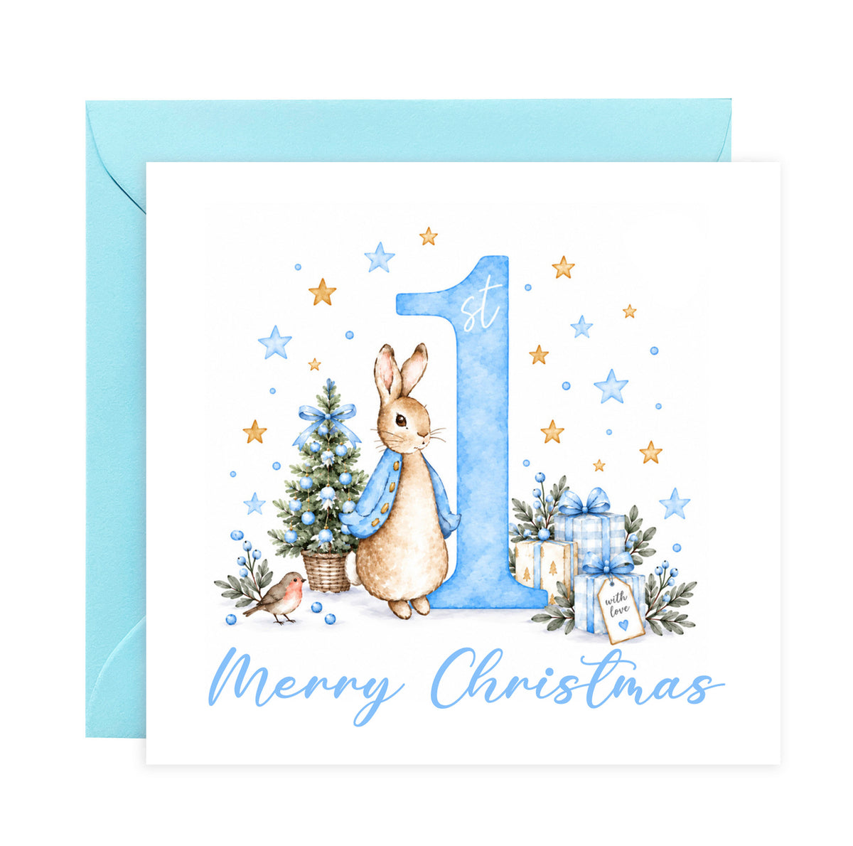 Merry Christmas Card for Baby Boys – Cute Blue Rabbit and Number 1