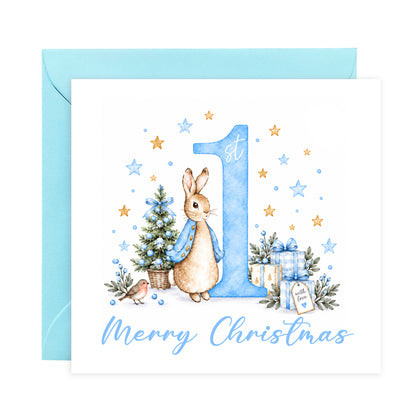 Merry Christmas Card for Baby Boys – Cute Blue Rabbit and Number 1