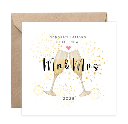 Mr & Mrs Wedding Card with Champagne Toast Design - Elegant Wedding Congratulations Card for Newlywed couples, Him or Her - Kraft Envelope Included